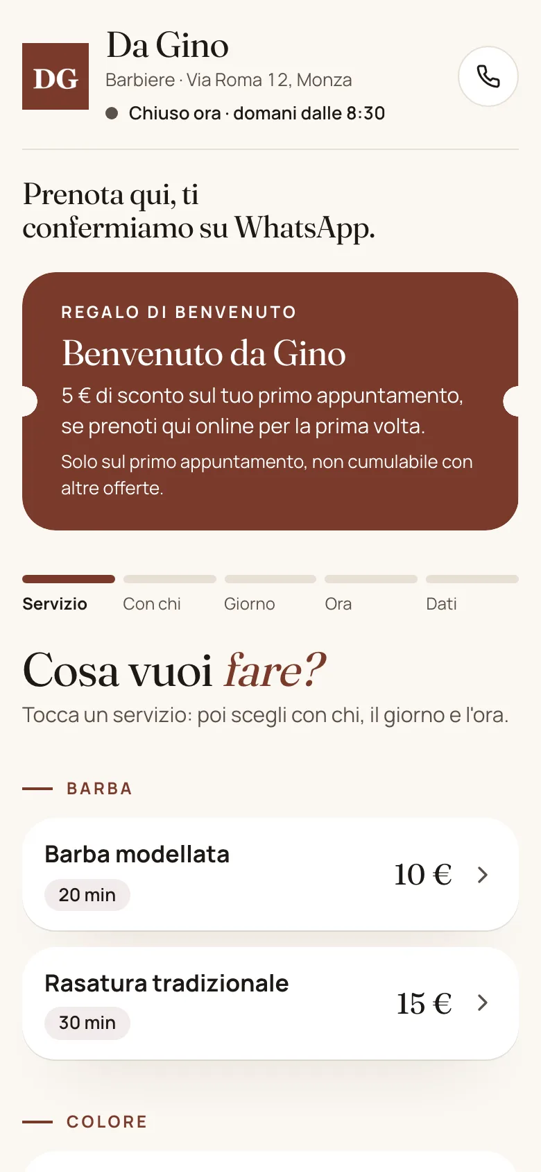 La pagina di prenotazione sul telefono del cliente